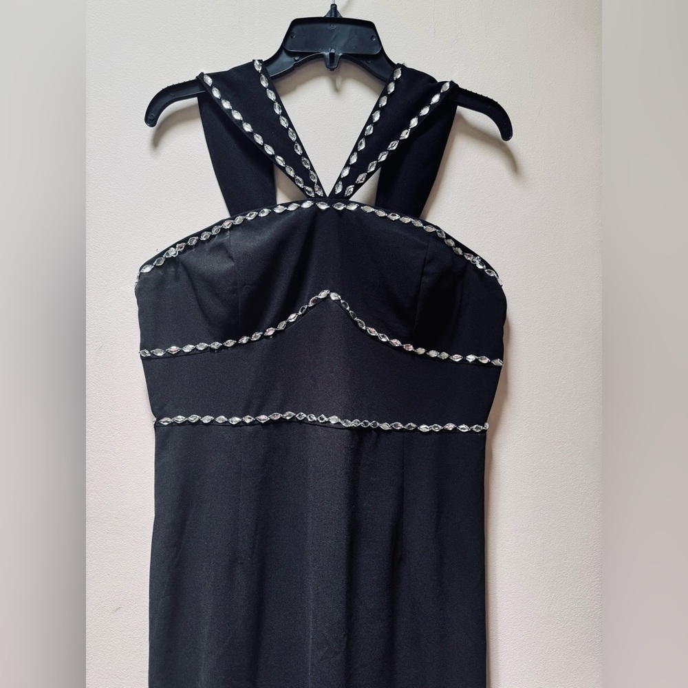 Rhinestone Split Back Fitted Dress - Black - image 5